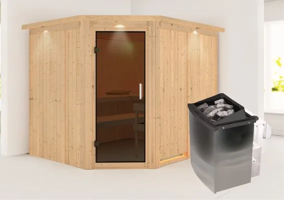 Karibu | Sauna Malin met Dakkraag | Antracietglas | Kachel 9 kW Geintegreerde Bediening