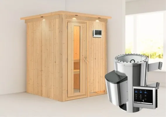Karibu | Sauna Minja met Dakkraag | Energiesparend | Kachel 3,6 kW Externe Bediening Karibu | Sauna Minja met Dakkraag | Energiesparend | Kachel 3,6 kW Externe Bediening