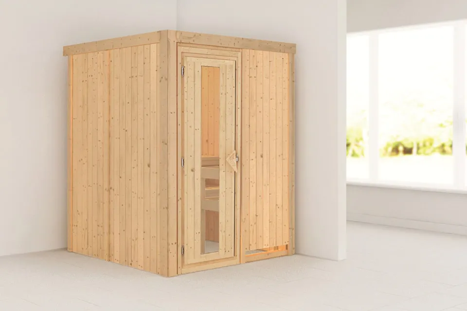 Karibu | Minja Sauna met Dakkraag | Energiesparende Deur Karibu | Minja Sauna met Dakkraag | Energiesparende Deur