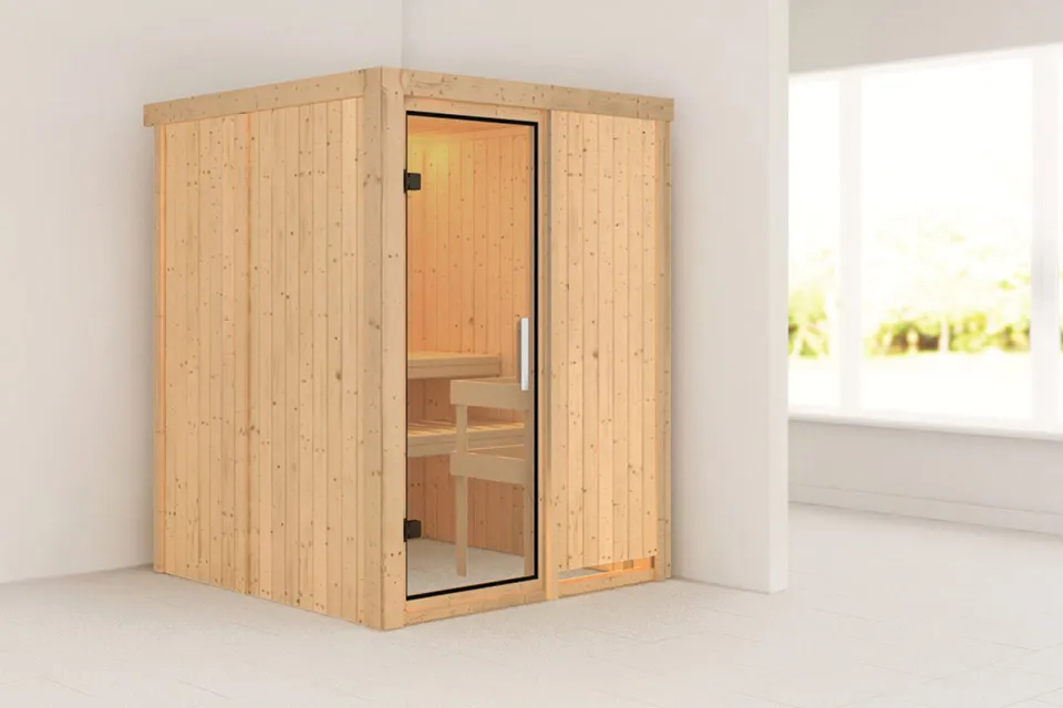 Karibu | Minja Sauna met Dakkraag | Helderglas Deur Karibu | Minja Sauna met Dakkraag | Helderglas Deur