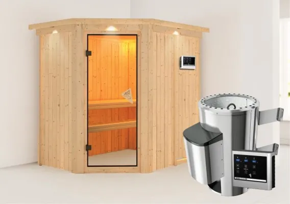 Karibu | Sauna Saja met Dakkraag | Bronzeglas | Biokachel 3,6 kW Externe Bediening Karibu | Sauna Saja met Dakkraag | Bronzeglas | Biokachel 3,6 kW Externe Bediening