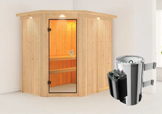 Karibu | Sauna Saja met Dakkraag | Bronzeglas | Kachel 3,6 kW Geïntegreerde Bediening Karibu | Sauna Saja met Dakkraag | Bronzeglas | Kachel 3,6 kW Geïntegreerde Bediening