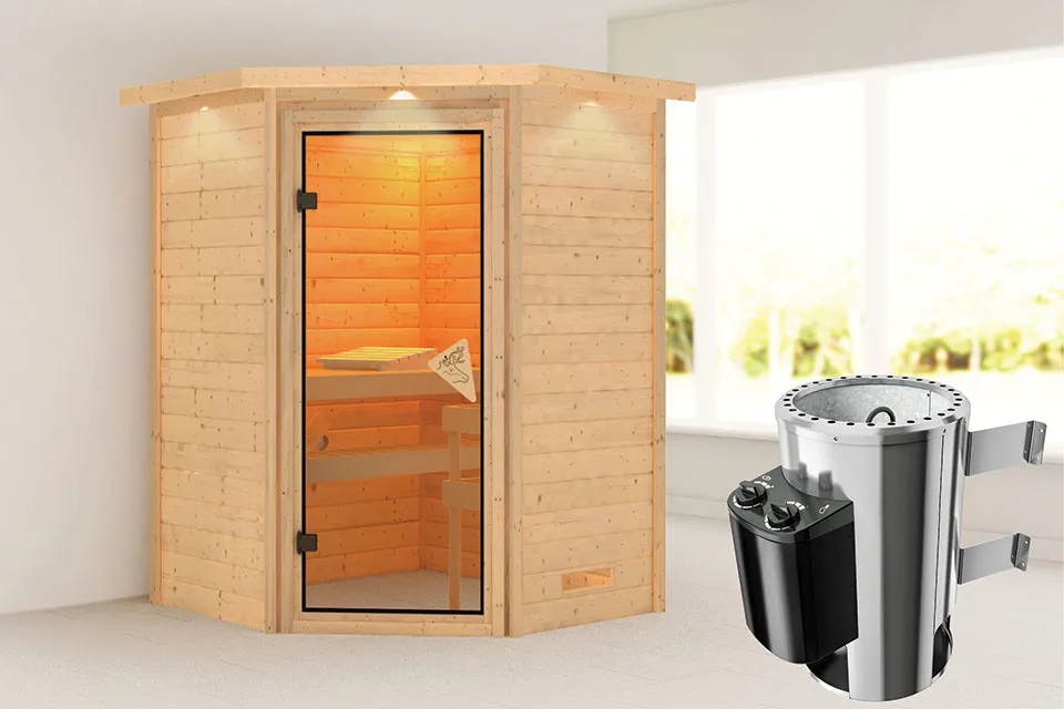 Karibu | Sauna Alicja met Dakkraag | Bronzeglas | Kachel 3,6 kW Geïntegreerde Bediening