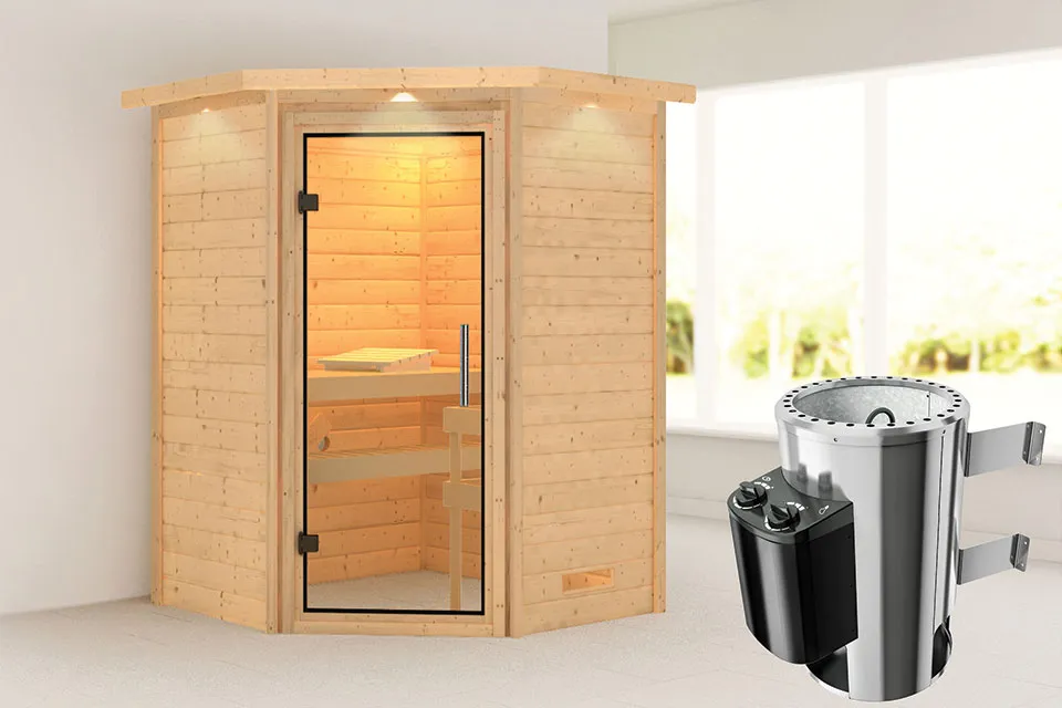 Karibu | Sauna Alicja met Dakkraag | Helderglas | Kachel 3,6 kW Geïntegreerde Bediening