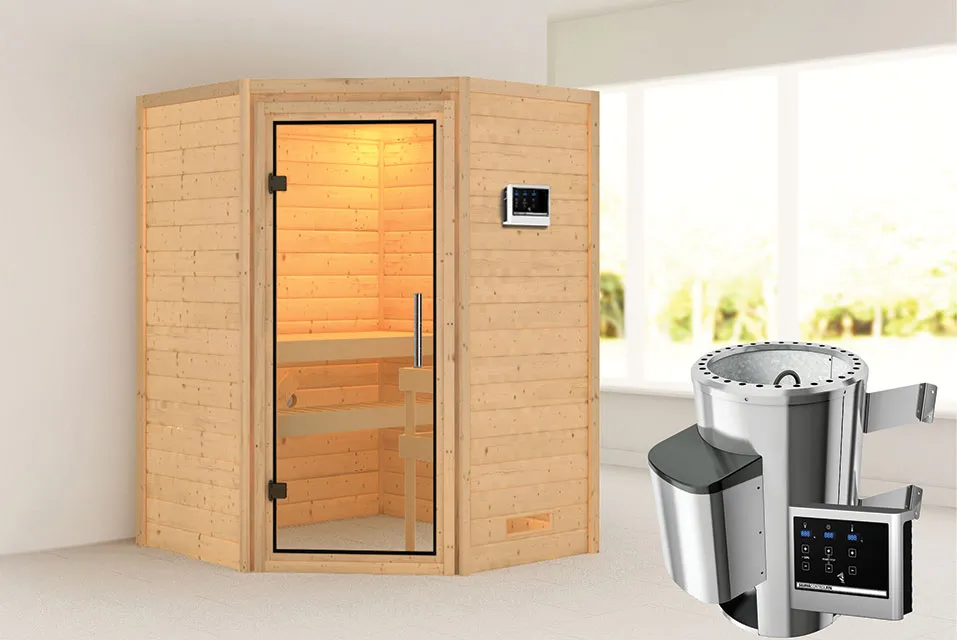Karibu | Sauna Alicja | Helderglas | Biokachel 3,6 kW Externe Bediening