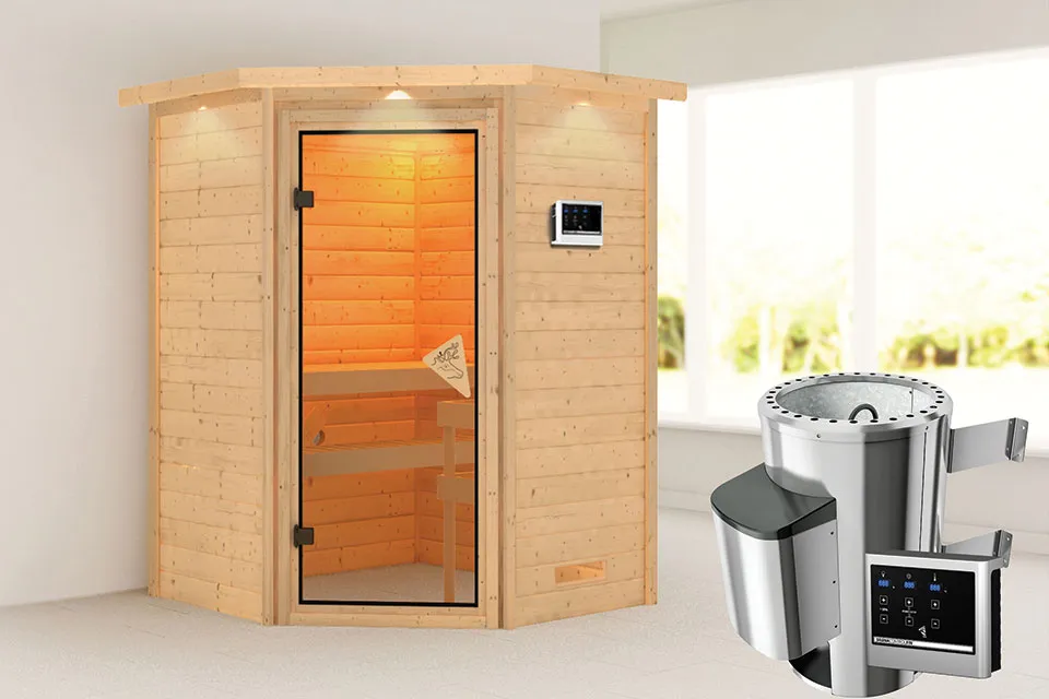 Karibu | Sauna Alicja met Dakkraag | Bronzeglas | Biokachel 3,6 kW Externe Bediening