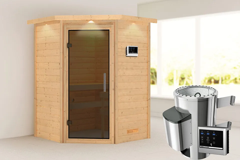 Karibu | Sauna Alicja met Dakkraag | Antracietglas | Biokachel 3,6 kW Externe Bediening