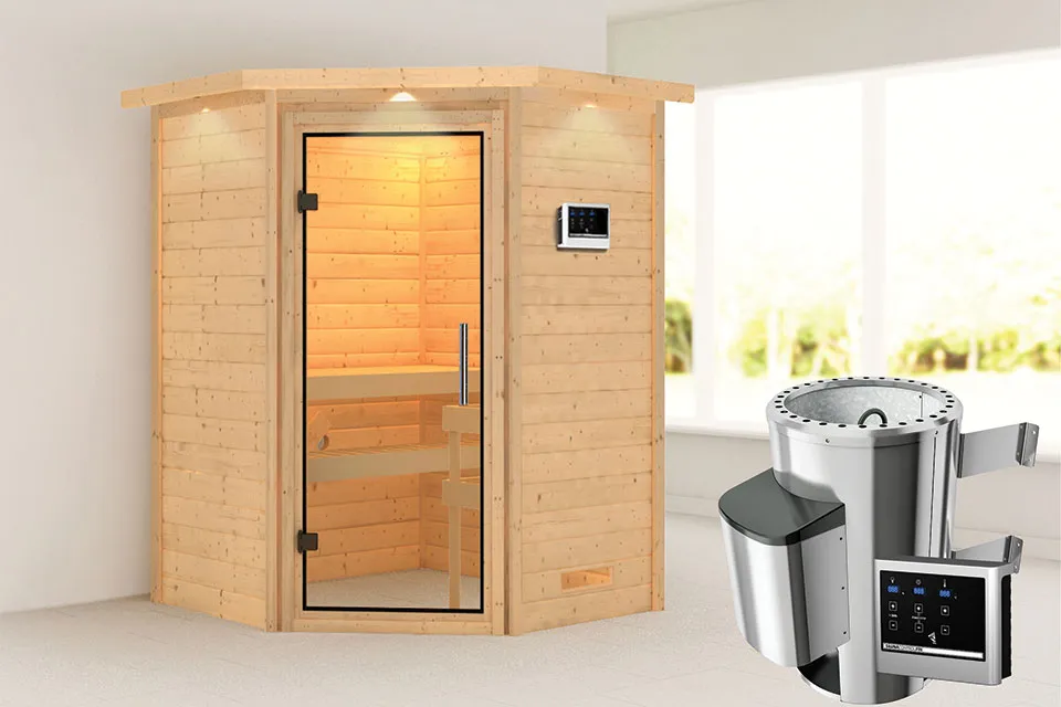 Karibu | Sauna Alicja met Dakkraag | Helderglas | Kachel 3,6 kW Externe Bediening