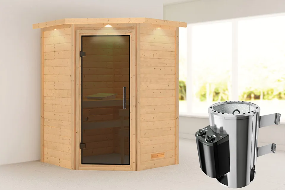Karibu | Sauna Alicja met Dakkraag | Antracietglas | Kachel 3,6 kW Geïntegreerde Bediening