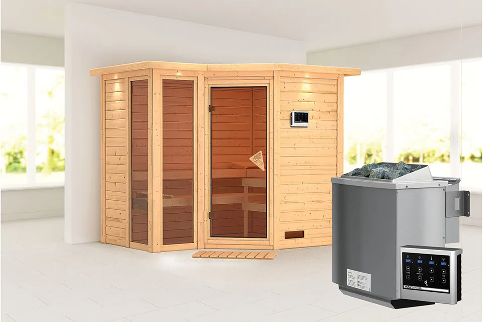 Karibu Amara Sauna met Dakkraag Bronzeglas Deur Biokachel 9 kW Externe Bediening