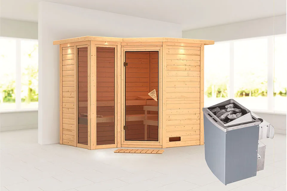 Karibu Amara Sauna met Dakkraag Bronzeglas Deur Kachel 9 kW Externe Bediening