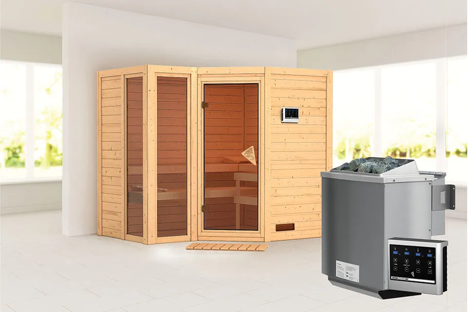 Karibu Amara Sauna Bronzeglas Deur Biokachel 9 kW Externe Bediening