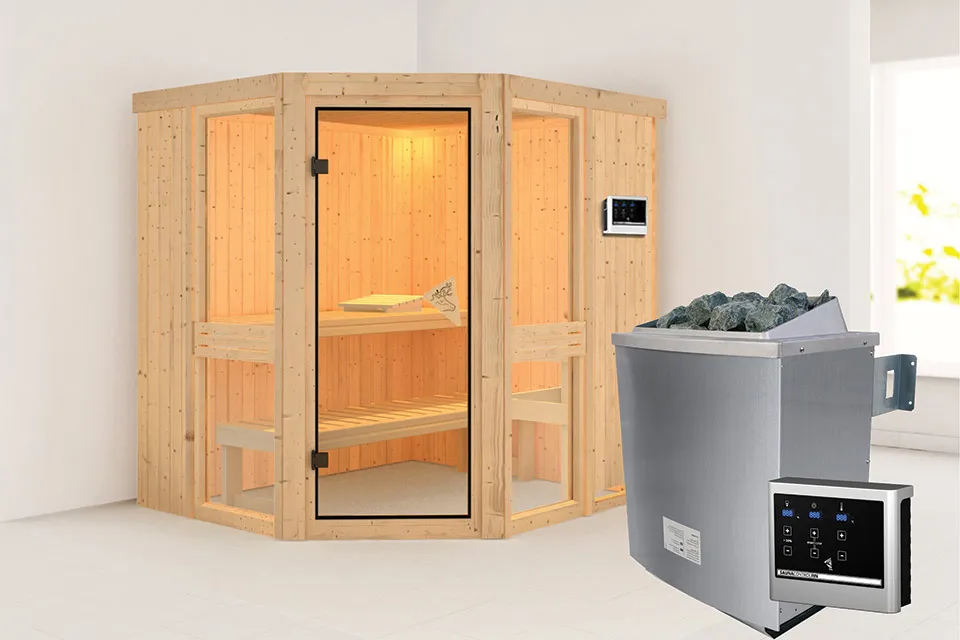 Karibu | Sauna Amelia 1 | Bronzeglas | Biokachel 9 kW Externe Bediening