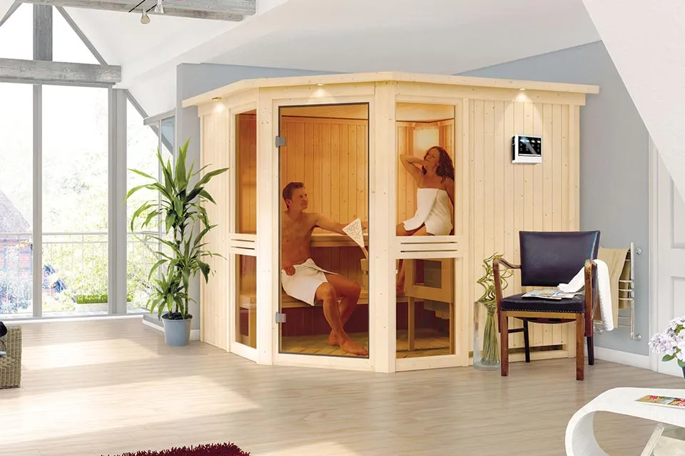 Karibu | Sauna Amelia 3 met Dakkraag | Helderglas | Biokachel 9 kW Externe Bediening Karibu | Sauna Amelia 3 met Dakkraag | Helderglas | Biokachel 9 kW Externe Bediening