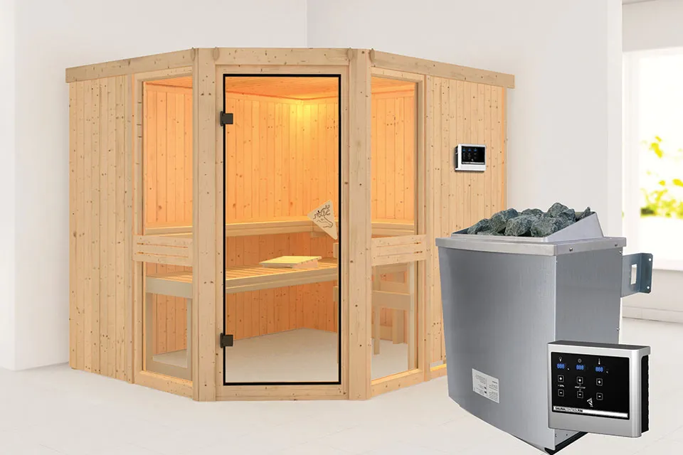 Karibu Amelia 3 Sauna Helderglas Deur Biokachel 9 kW Externe Bediening