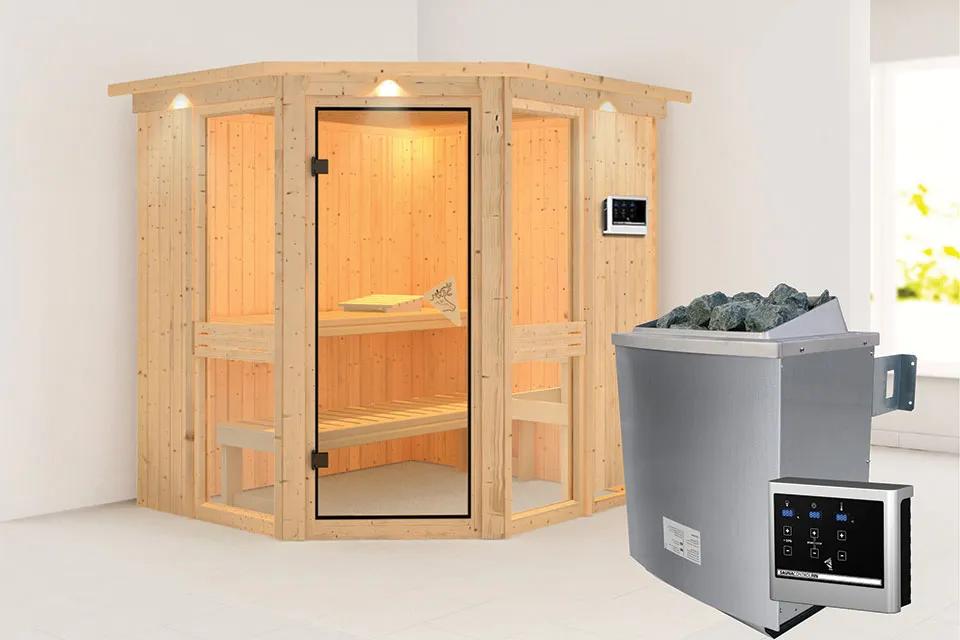 Karibu | Sauna Amelia 1 met Dakkraag | Bronzeglas | Kachel 9 kW Externe Bediening