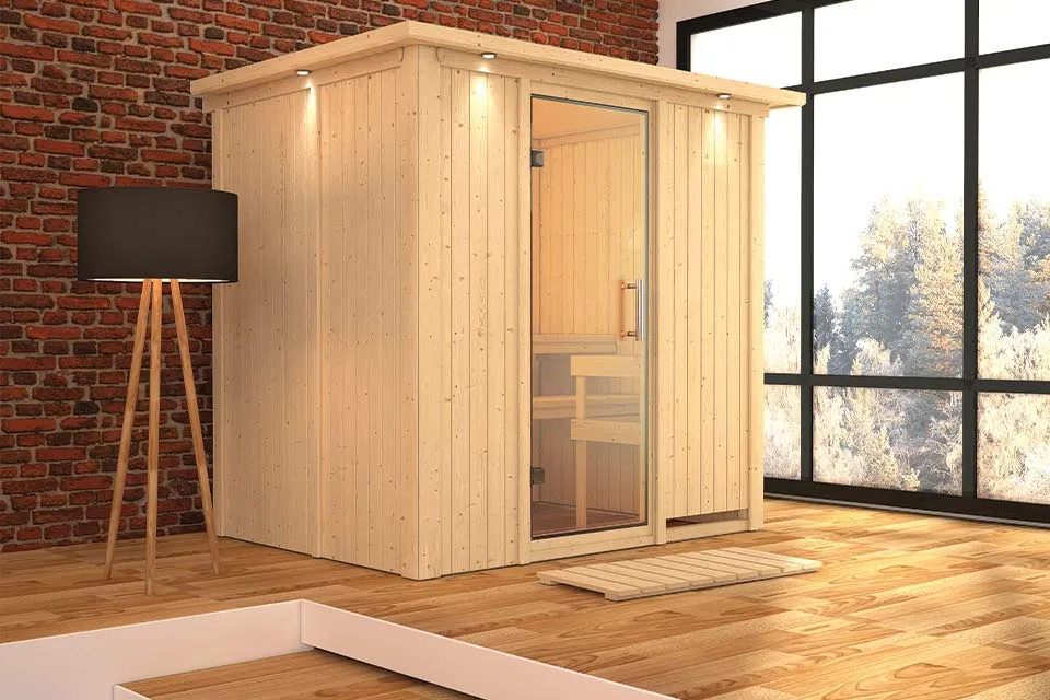 Karibu | Sauna Bodin met Dakkraag | Helderglas | Kachel 4,5 kW Externe Bediening