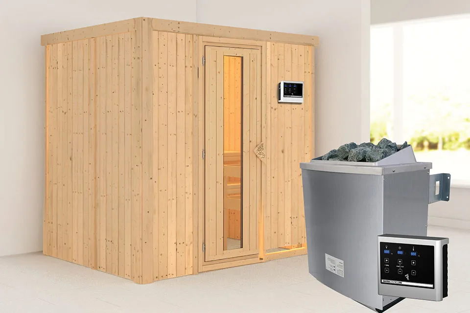Karibu | Sauna Bodin | Energiesparend | Biokachel 4,5 kW Externe Bediening Karibu | Sauna Bodin | Energiesparend | Biokachel 4,5 kW Externe Bediening