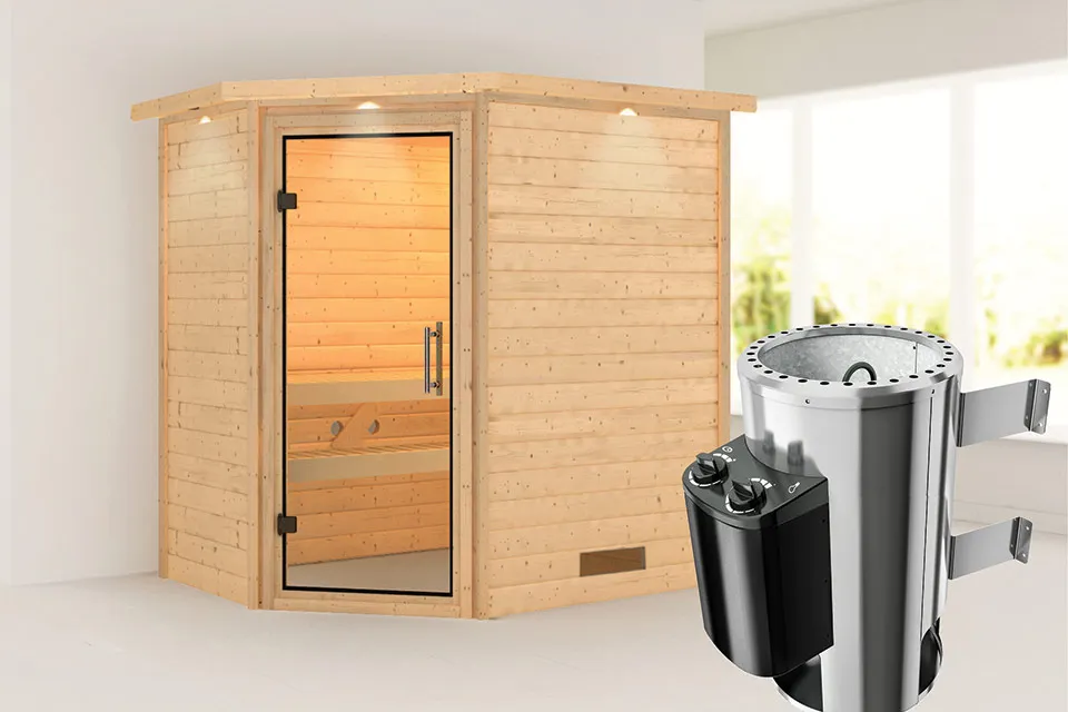 Karibu | Sauna Cilja met Dakkraag | Helderglas | Kachel 3,6 kW Geïntegreerde Bediening Karibu | Sauna Cilja met Dakkraag | Helderglas | Kachel 3,6 kW Geïntegreerde Bediening