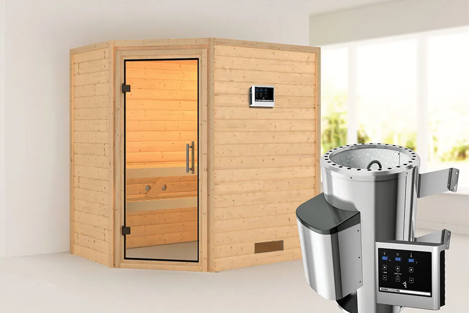 Karibu | Sauna Cilja | Helderglas | Biokachel 3,6 kW Externe Bediening