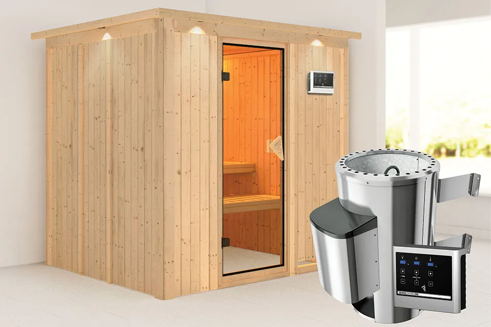 Karibu | Sauna Daria met Dakkraag | Bronzeglas | Kachel 3,6 kW Externe Bediening Karibu | Sauna Daria met Dakkraag | Bronzeglas | Kachel 3,6 kW Externe Bediening