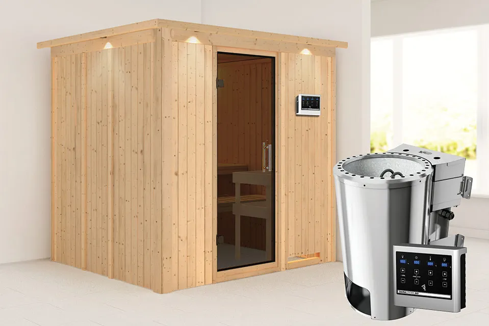 Karibu | Sauna Daria met Dakkraag | Antracietglas | Biokachel 3,6 kW Externe Bediening Karibu | Sauna Daria met Dakkraag | Antracietglas | Biokachel 3,6 kW Externe Bediening