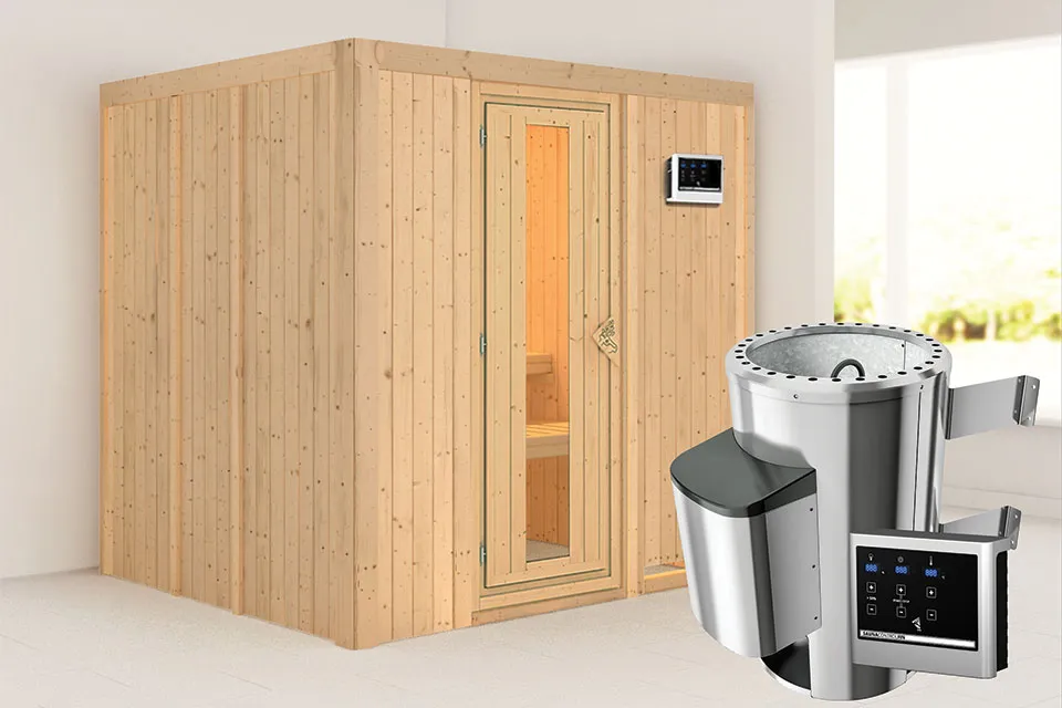 Karibu | Daria Sauna | Energiesparende Deur | Biokachel 3,6 kW Externe Bediening Karibu | Daria Sauna | Energiesparende Deur | Biokachel 3,6 kW Externe Bediening