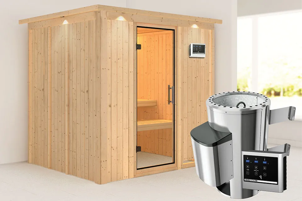 Karibu | Daria Sauna met Dakkraag | Helderglas Deur | Kachel 3,6 kW Externe Bediening Karibu | Daria Sauna met Dakkraag | Helderglas Deur | Kachel 3,6 kW Externe Bediening