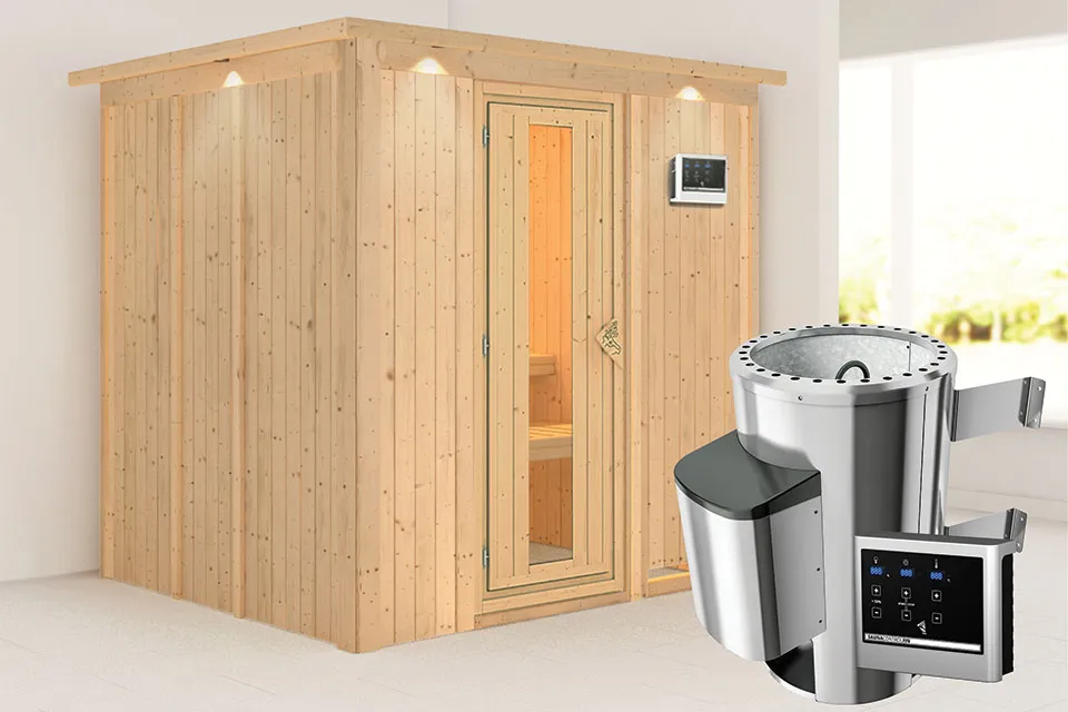 Karibu | Daria Sauna met Dakkraag | Energiesparende Deur | Kachel 3,6 kW Externe Bediening Karibu | Daria Sauna met Dakkraag | Energiesparende Deur | Kachel 3,6 kW Externe Bediening