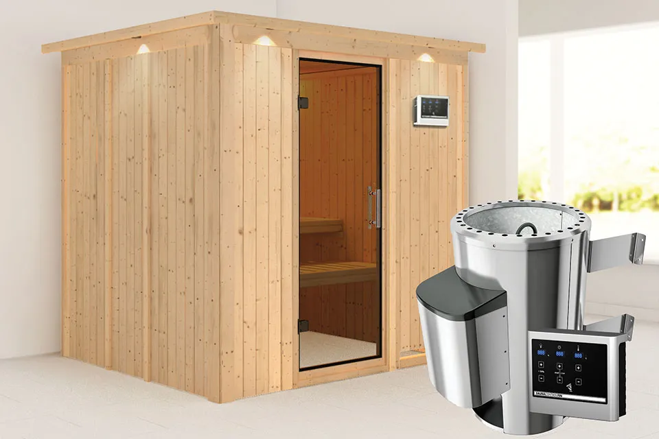 Karibu | Sauna Daria met Dakkraag | Antracietglas | Kachel 3,6 kW Externe Bediening