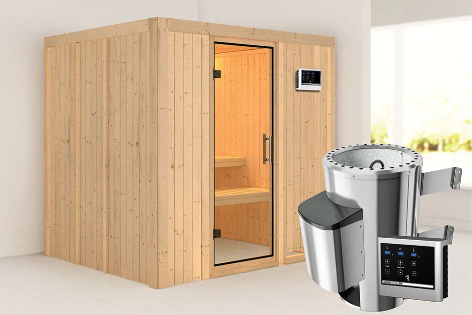 Karibu | Daria Sauna | Helderglas Deur | Kachel 3,6 kW Externe Bediening Karibu | Daria Sauna | Helderglas Deur | Kachel 3,6 kW Externe Bediening