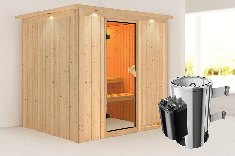 Karibu | Sauna Daria met Dakkraag | Bronzeglas | Kachel 3,6 kW Geïntegreerde Bediening