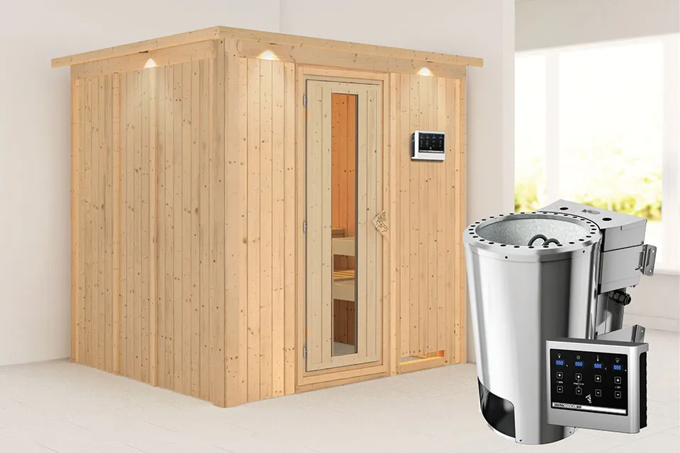 Karibu | Daria Sauna met Dakkraag | Energiesparende Deur | Biokachel 3,6 kW Externe Bediening Karibu | Daria Sauna met Dakkraag | Energiesparende Deur | Biokachel 3,6 kW Externe Bediening
