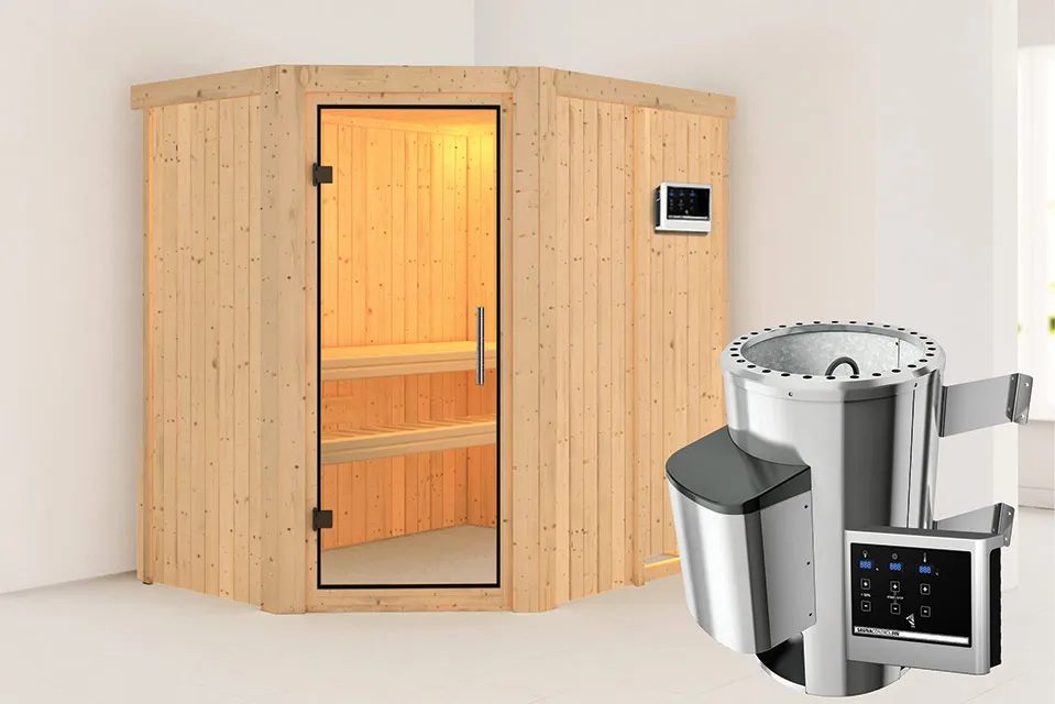 Karibu | Sauna Saja | Helderglas | Kachel 3,6 kW Externe Bediening Karibu | Sauna Saja | Helderglas | Kachel 3,6 kW Externe Bediening