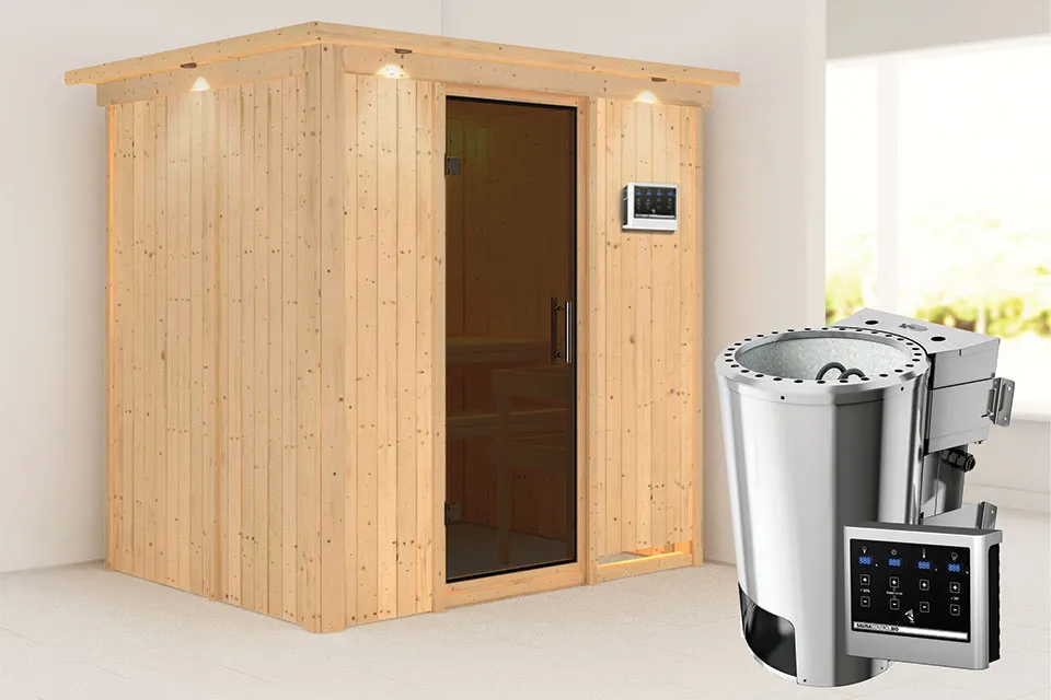 Karibu | Sauna Fanja met Dakkraag | Antracietglas | Biokachel 3,6 kW Externe Bediening Karibu | Sauna Fanja met Dakkraag | Antracietglas | Biokachel 3,6 kW Externe Bediening