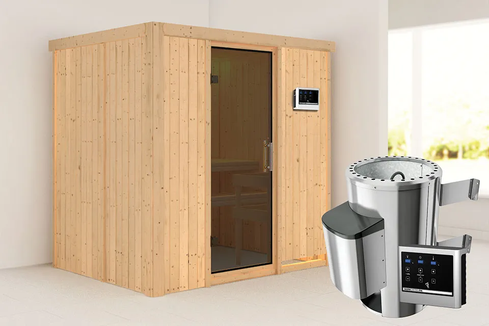 Karibu | Sauna Fanja | Antracietglas | Biokachel 3,6 kW Externe Bediening