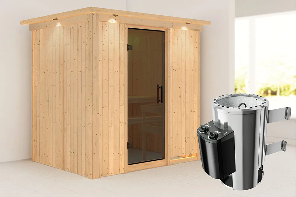 Karibu | Sauna Fanja met Dakkraag | Antracietglas | Kachel 3,6 kW Geïntegreerde Bediening