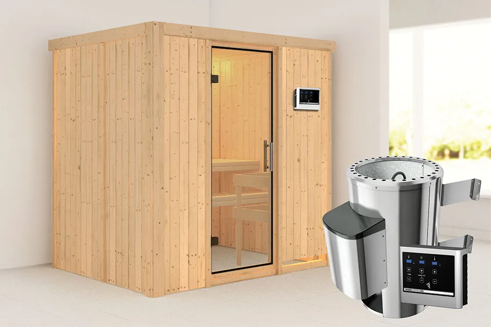 Karibu | Fanja Sauna | Helderglas Deur | Kachel 3,6 kW Externe Bediening Karibu | Fanja Sauna | Helderglas Deur | Kachel 3,6 kW Externe Bediening