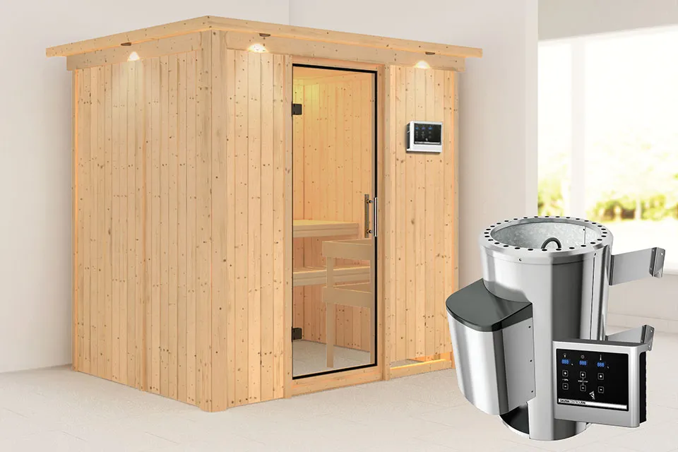 Karibu | Fanja Sauna met Dakkraag | Helderglas Deur | Kachel 3,6 kW Externe Bediening Karibu | Fanja Sauna met Dakkraag | Helderglas Deur | Kachel 3,6 kW Externe Bediening