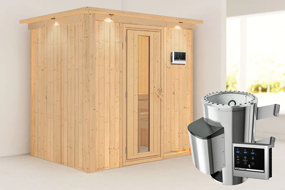 Karibu | Fanja Sauna met Dakkraag | Energiesparende Deur | Biokachel 3,6 kW Externe Bediening Karibu | Fanja Sauna met Dakkraag | Energiesparende Deur | Biokachel 3,6 kW Externe Bediening