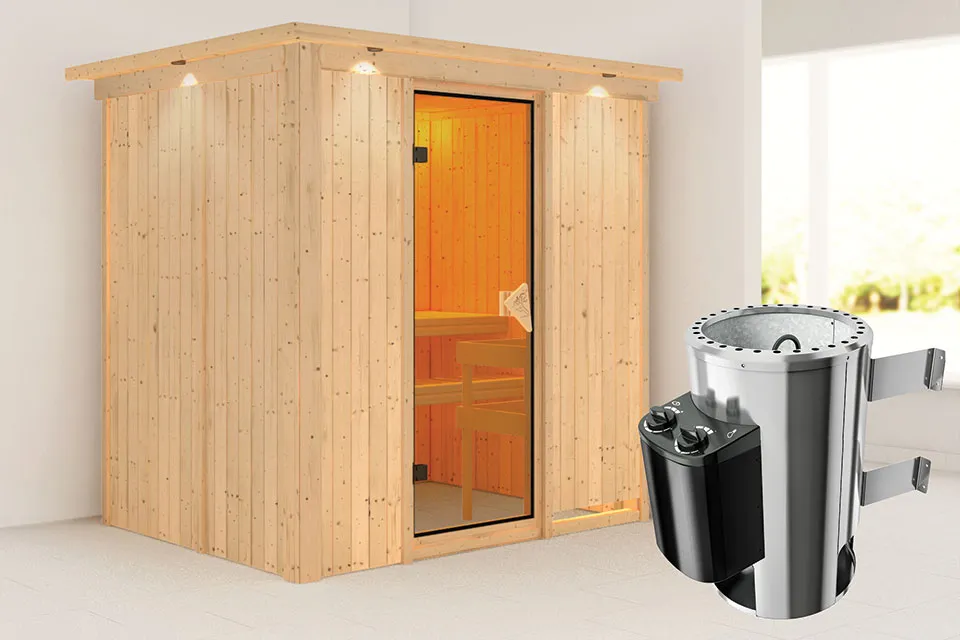 Karibu Fanja Sauna met Dakkraag Bronzeglas Deur Kachel 36 kW Externe Bediening