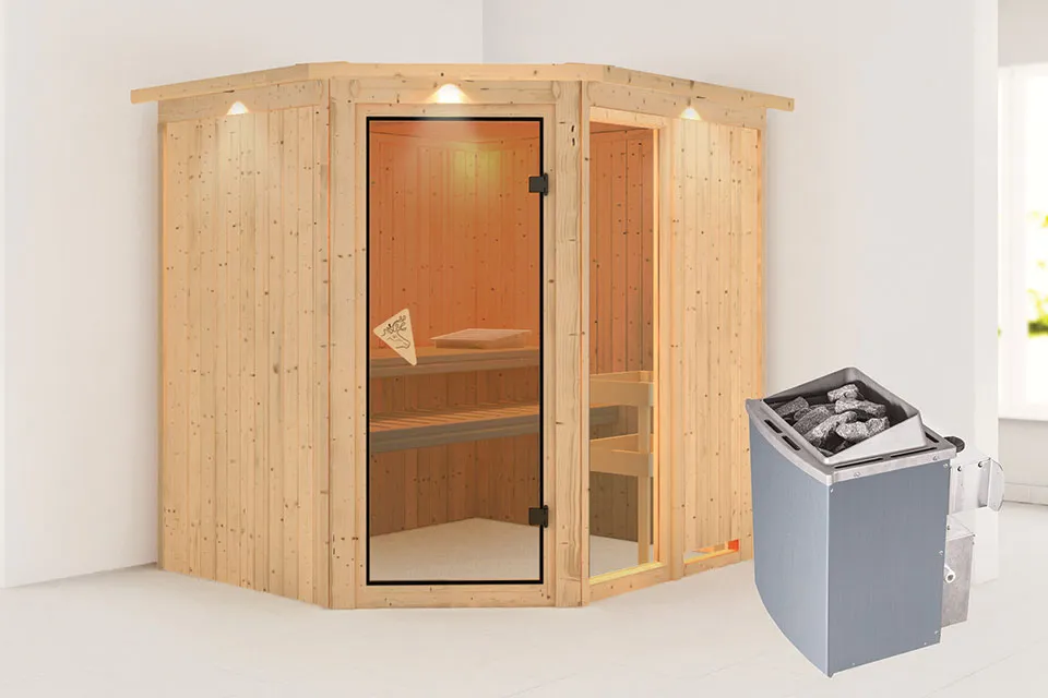 Karibu | Sauna Cortona met Dakkraag | Kachel 9 kW Externe Bediening Karibu | Sauna Cortona met Dakkraag | Kachel 9 kW Externe Bediening