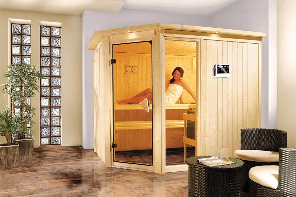 Karibu | Sauna Fiona 3 met Dakkraag | Biokachel 9 kW Externe Bediening Karibu | Sauna Fiona 3 met Dakkraag | Biokachel 9 kW Externe Bediening