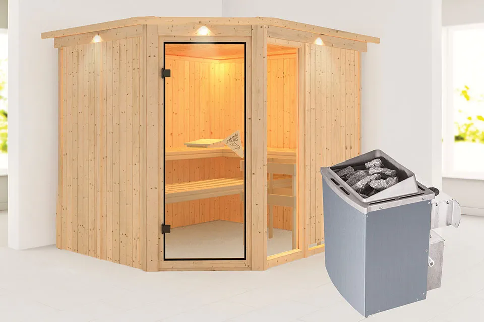 Karibu | Sauna Fiona 3 met Dakkraag | Kachel 9 kW Geïntegreerde Bediening Karibu | Sauna Fiona 3 met Dakkraag | Kachel 9 kW Geïntegreerde Bediening