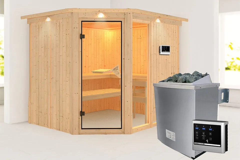 Karibu | Sauna Fiona 3 met Dakkraag | Kachel 9 kW Externe Bediening
