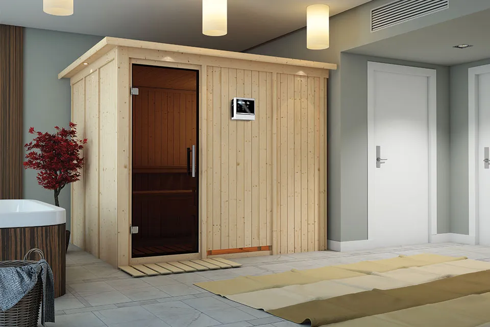 Karibu | Sauna Gobin met Dakkraag | Antracietglas | Kachel 9 kW Externe Bediening Karibu | Sauna Gobin met Dakkraag | Antracietglas | Kachel 9 kW Externe Bediening