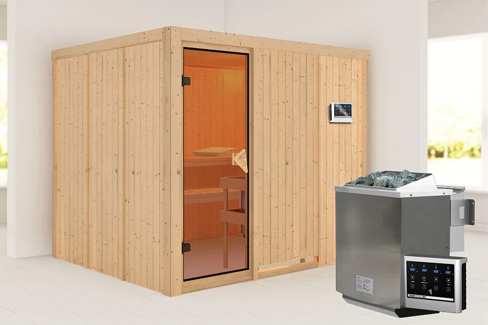 Karibu | Sauna Gobin | Bronzeglas | Biokachel 9 kW Externe Bediening