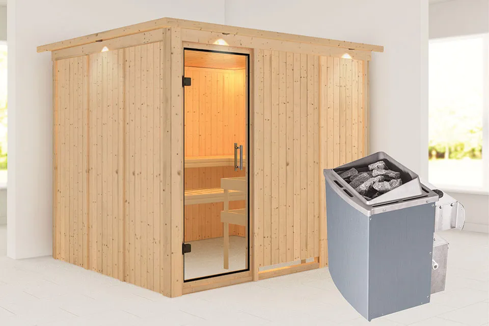 Karibu Gobin Sauna met Dakkraag Helderglas Deur Kachel 9 kW Externe Bediening