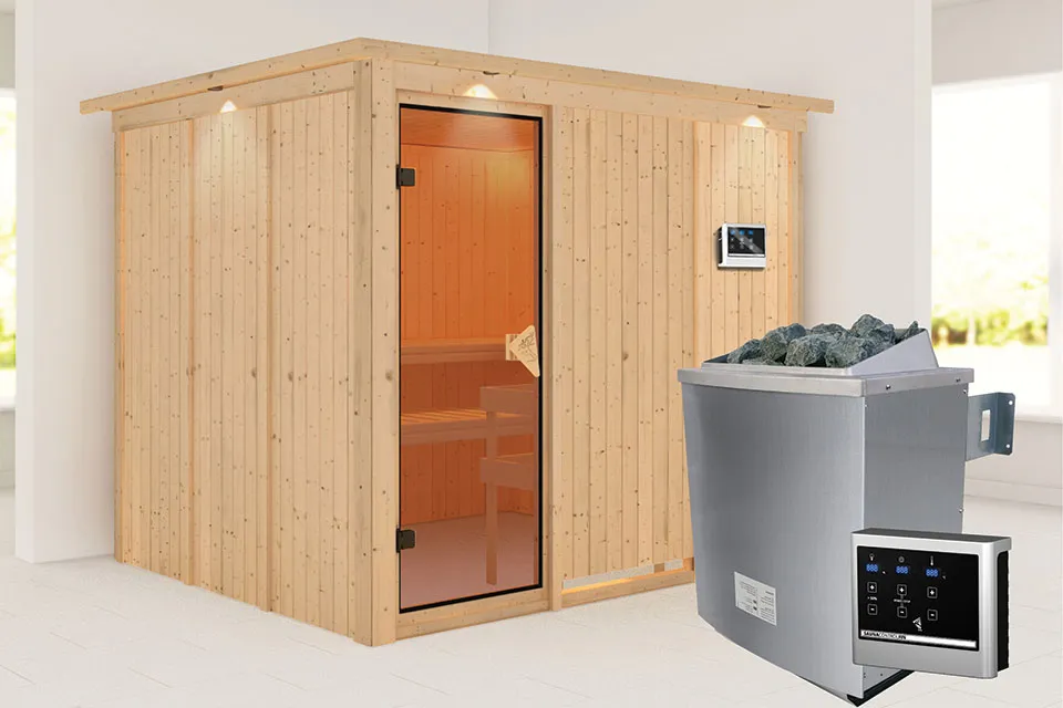 Karibu Gobin Sauna met Dakkraag Bronzeglas Deur Biokachel 9 kW Externe Bediening