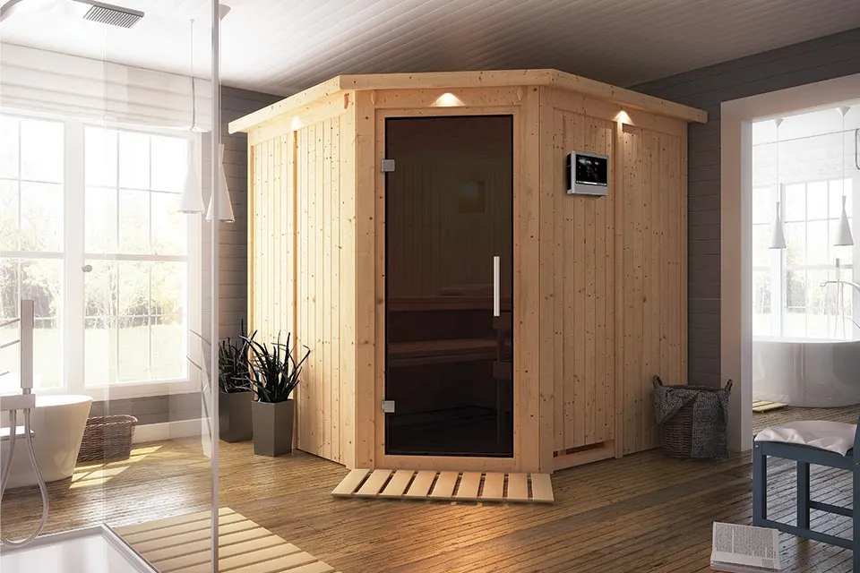 Karibu Jarin Sauna met Dakkraag Antracietglas Kachel 9 kW Externe Bediening